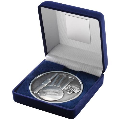 Blue Velvet Box + Medal Cricket Trophy | Antique Silver | 102mm | G15