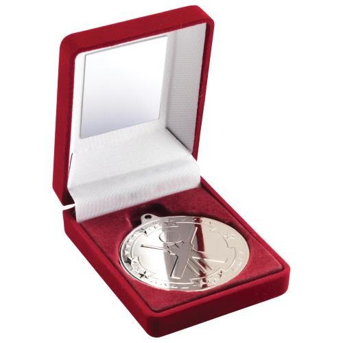 Red Velvet Box+Medal Cricket Trophy - Silver | 89mm | G48 |